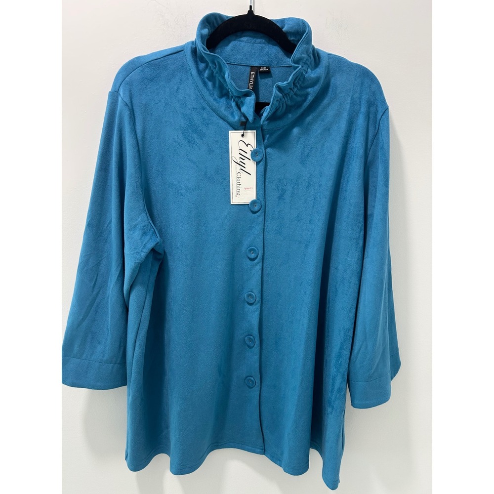 NWT Ethyl Parade Teal Blue Faux Suede Ruffle Neck Button Front Top XL 230913TE